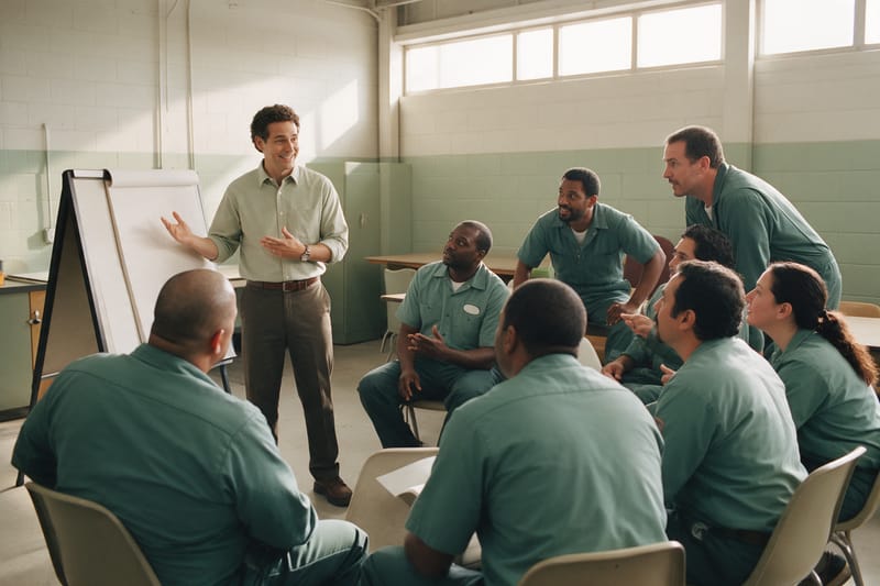 An open enrollment meeting in a warehouse break room, with employees asking questions.