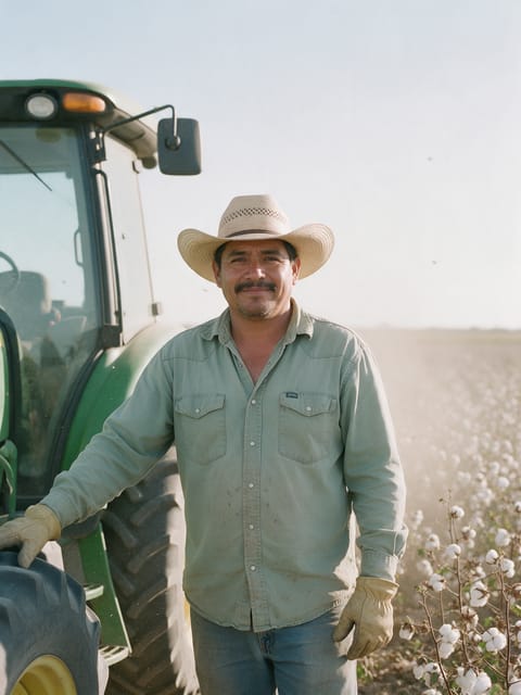 A farmhand beside a tractor at the edge of a cotton field.