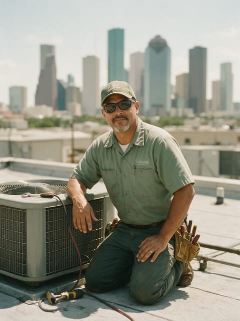 An HVAC technician beside a rooftop unit with the Houston skyline behind.