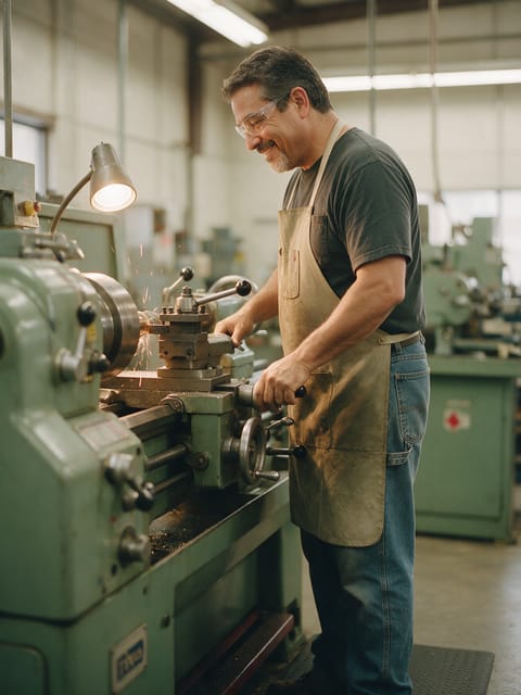 A machinist at a lathe in a Texas machine shop.