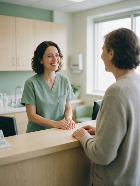 A front-desk coordinator greeting a patient at a small practice.