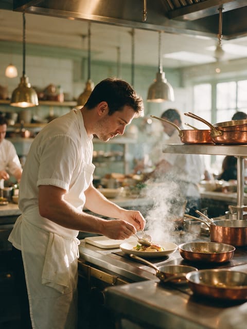 A cook plating a dish at the pass in a busy kitchen.