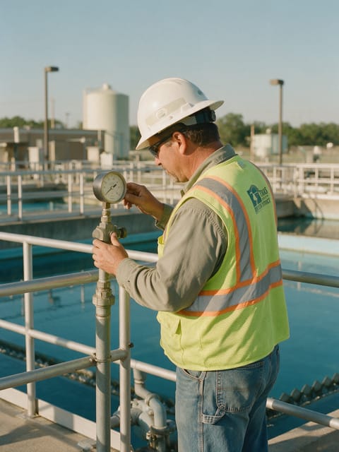 A water district operator reading a gauge beside treatment basins.