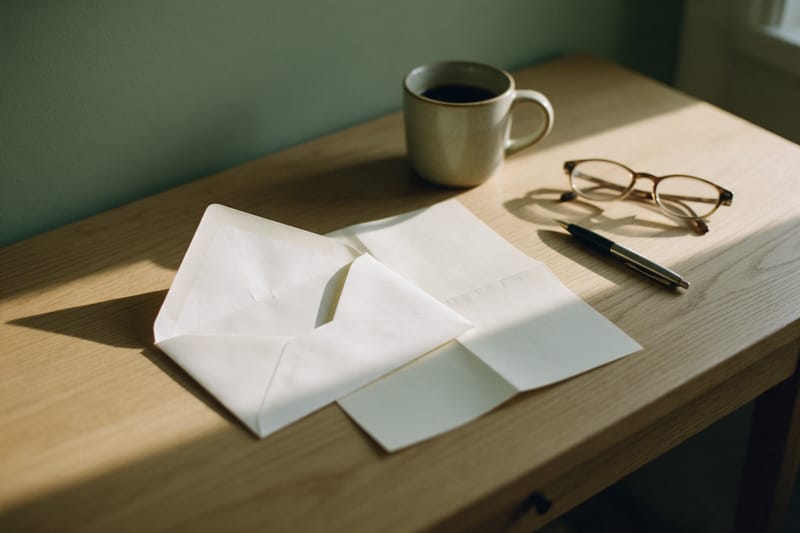 An opened renewal letter on a desk beside a cup of coffee and reading glasses.